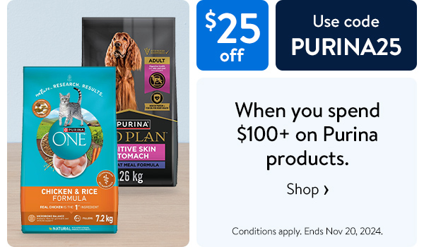 $25 off - When you spend $100+ on Purina products. Use code PURINA25 - Conditions apply. Ends Nov 20, 2024.