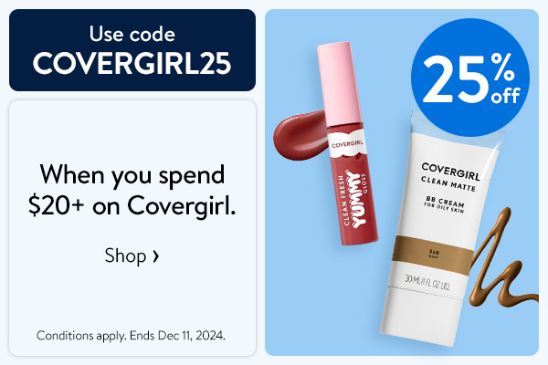 25% off - When you spend $20+ on Covergirl. Use code COVERGIRL25 - Conditions apply. Ends Dec 11, 2024.