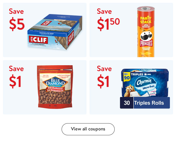 Save $5 - CLIF BAR Energy Bars | Save $1.50 - Pringles Potato Chips | Save $1 - Blue Diamond Almonds | Save $1 - Charmin Ultra Soft Toilet Paper