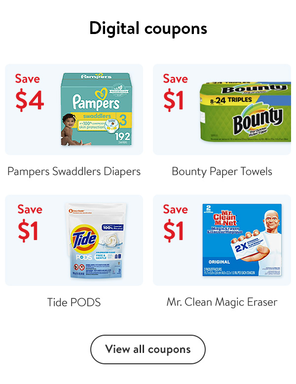 Digital coupons - Save $4 - Pampers Swaddlers Diapers | Save $1 - Bounty Paper Towels | Save $1 - Tide PODS | Save $1 - Mr. Clean Magic Eraser