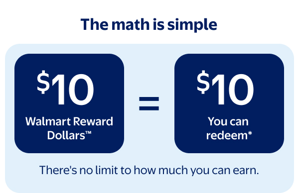 The math is simple - $10 Walmart Reward Dollars™ = $10 you can redeem* - There's no limit to how much you can earn.