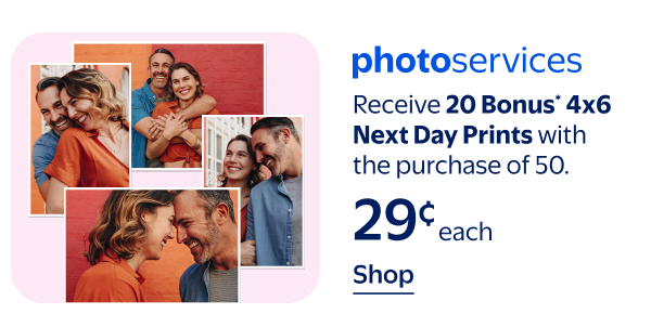 photoservices - Receive 20 Bonus* 4x6 Next Day Prints with the purchase of 50. 29¢ each