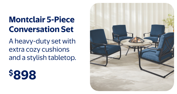 Montclair 5-Piece Conversation Set - A heavy-duty set with extra cozy cushions and a stylish tabletop.