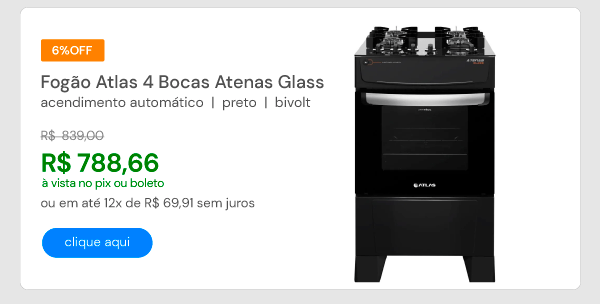 Fogão Atlas 4 Bocas Atenas Glass Acendimento Automático Preto Bivolt