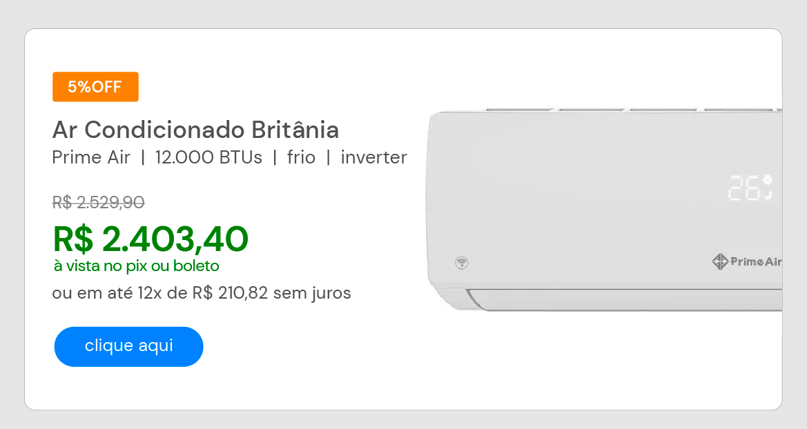 Ar Condicionado Britânia Prime Air 12000 BTUS Inverter Frio Branco 220V 12000ITF2