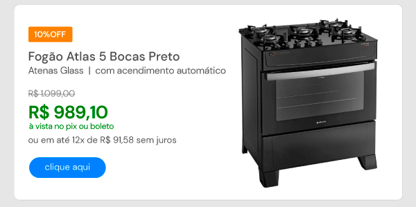 Fogão Atlas 5 Bocas Preto Atenas Glass Com Acendimento Automático Bivolt