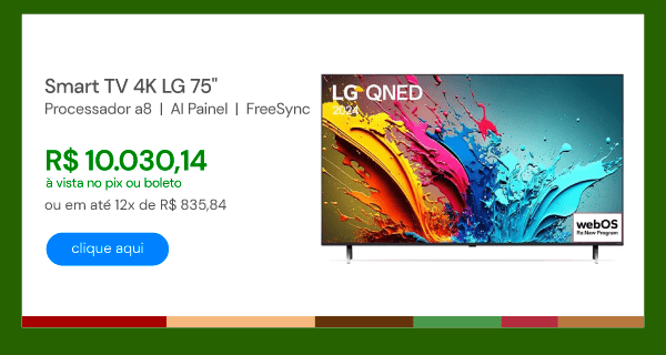 Smart TV 4K LG 75" Polegadas 75QNED85T QNED Processador a8 AI Painel 120Hz FreeSync e webOS 24