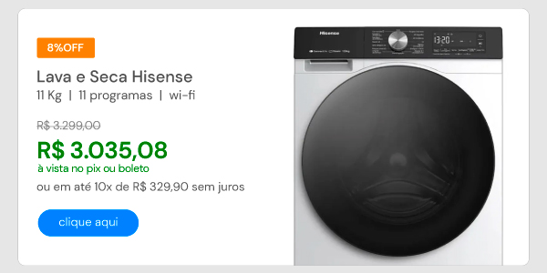 Lava E Seca 11kg Hisense Branca Com 11 Programas De Lavagem Steam Wi-Fi WD3S11 Branco 110V