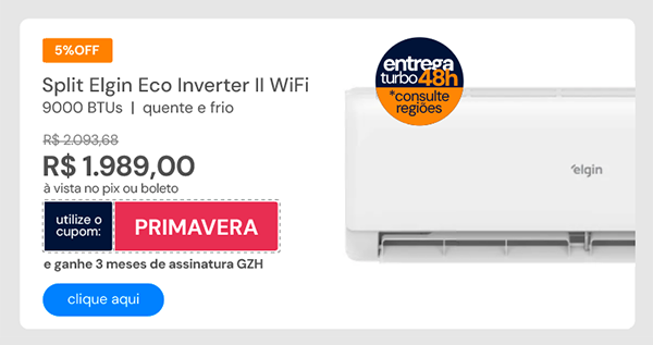 Ar Condicionado Split Elgin Eco Inverter II WiFi 9000 BTUs Quente e Frio 220V