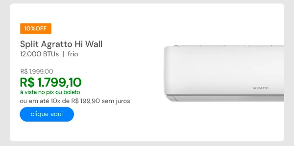Ar Condicionado Split Hi Wall On/Off Agratto One Top 12000 BTUS Frio 220V Monofásico ACST12FI
