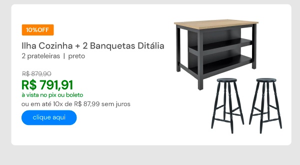 Ilha Cozinha + 2 Banquetas Ditália 2 Prateleiras Preto Cd-1019