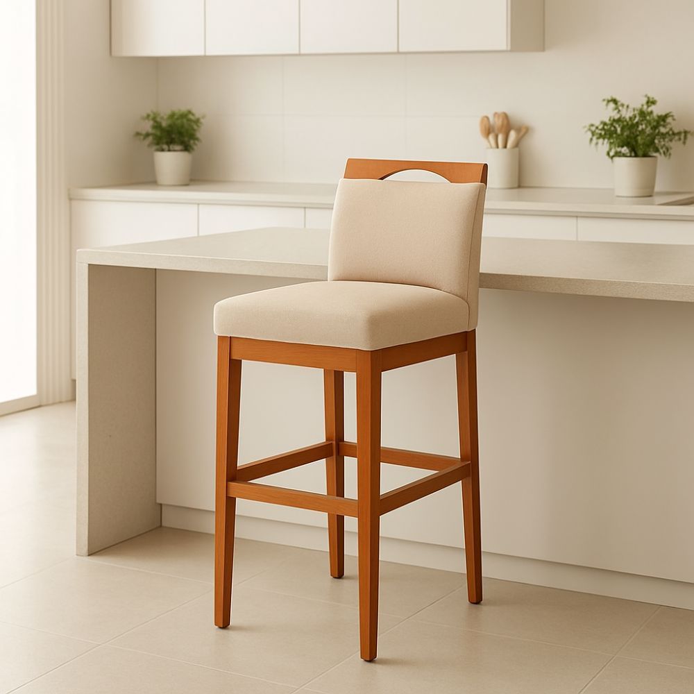 Banqueta Alta para Cozinha Gourmet Estofada Encosto Linho Bege Tatite Decor