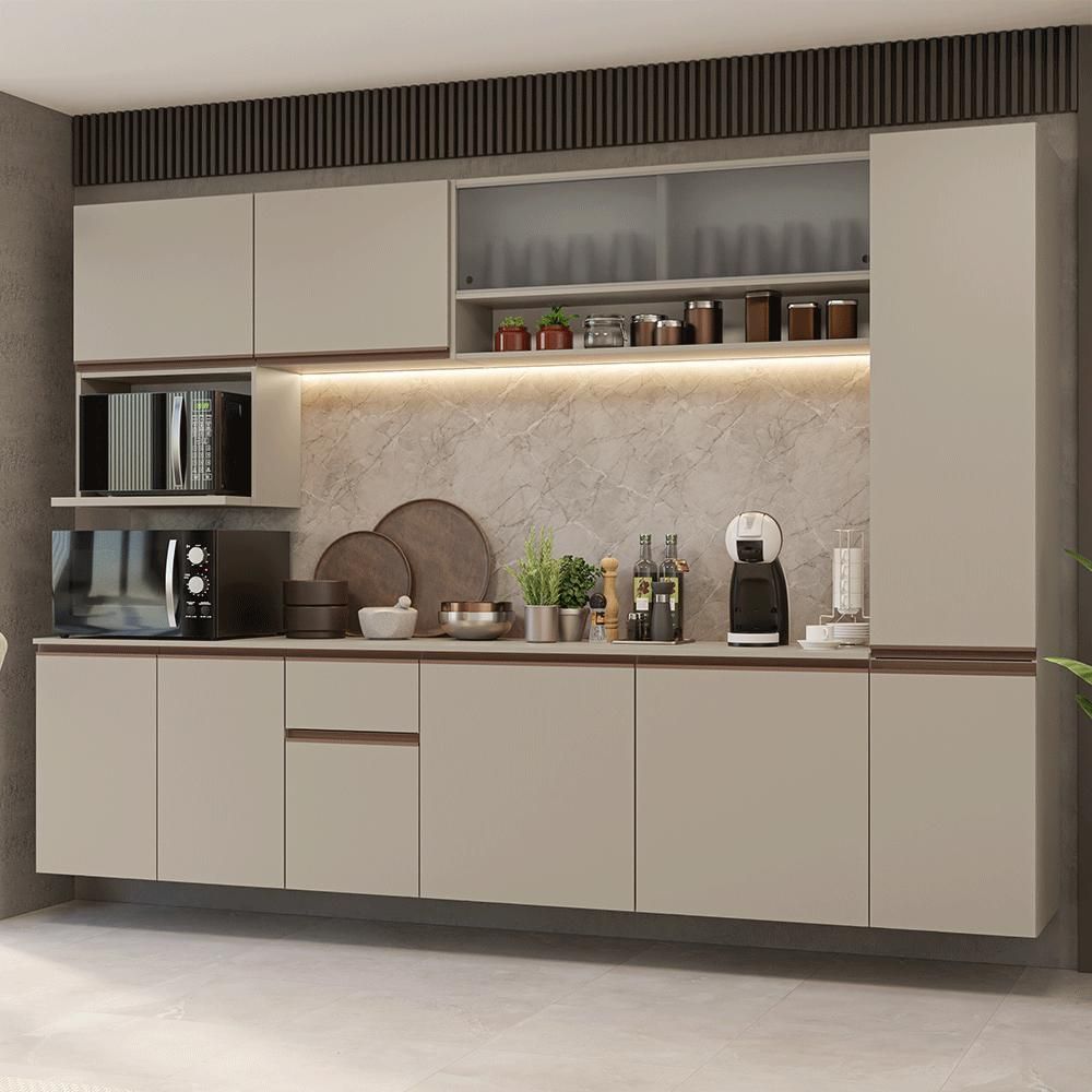 Armário de Cozinha Completa Nice 10 Portas 1 Gaveta em MDF 280 cm Creme Suspenso com Tampo