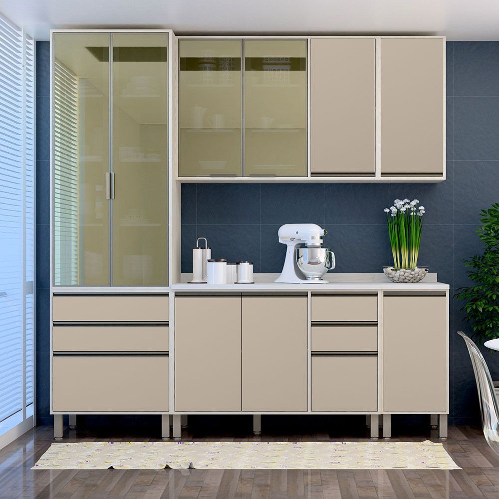 Cozinha Compacta 5 Pçs Tampos E Vidro Reflecta 230cm Linea L Pátina Ff-mocca Laca