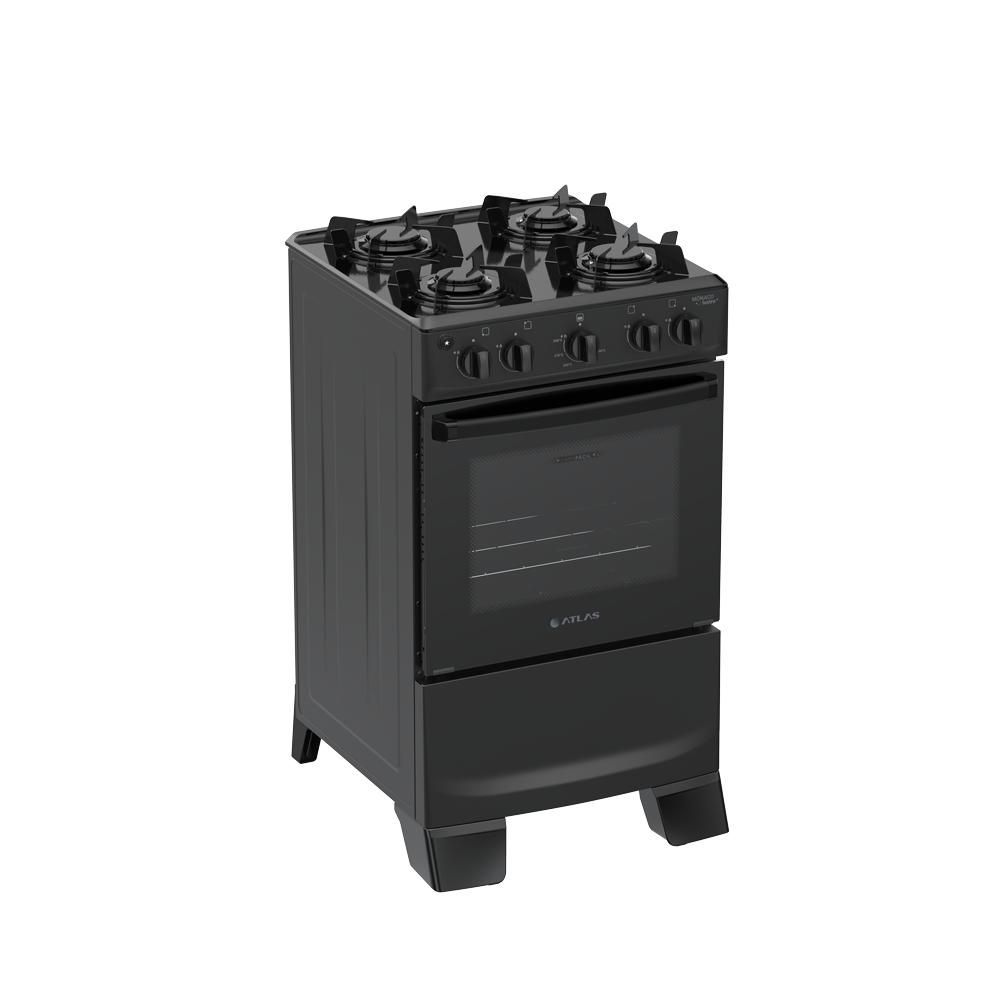 Fogão de Piso 4 Bocas a Gás Atlas Mônaco Lustro Mesa Esmaltada Acendimento Automático Preto Bivolt