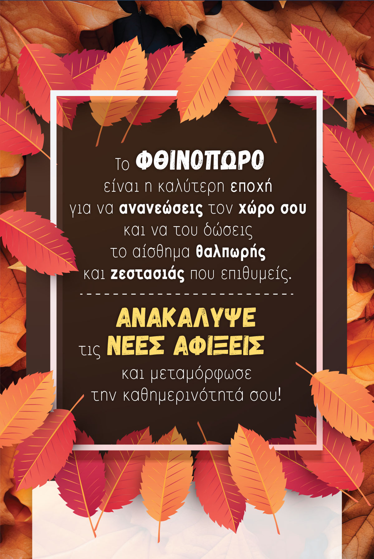 Το φθινόπωρο είναι η καλύτερη εποχή για να ανανεώσεις τον χώρο σου και να του δώσεις το αίσθημα θαλπωρής και ζεστασιάς που επιθυμείς.Ανακάλυψε τις νέες αφίξεις και μεταμόρφωσε την καθημερινότητά σου!