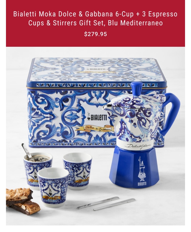 Bialetti Moka Dolce & Gabbana 6-Cup + 3 Espresso Cups & Stirrers Gift Set, Blu Mediterraneo - $279.95