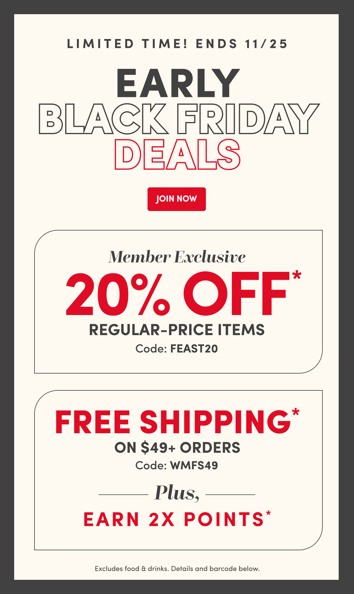 Early Black Friday Deals Join NOW | Member Exclusive 20% OFF* Code:FEAST20 | Free Shipping Code:WMFS49