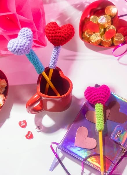Free Crochet Heart Pencil Toppers Pattern