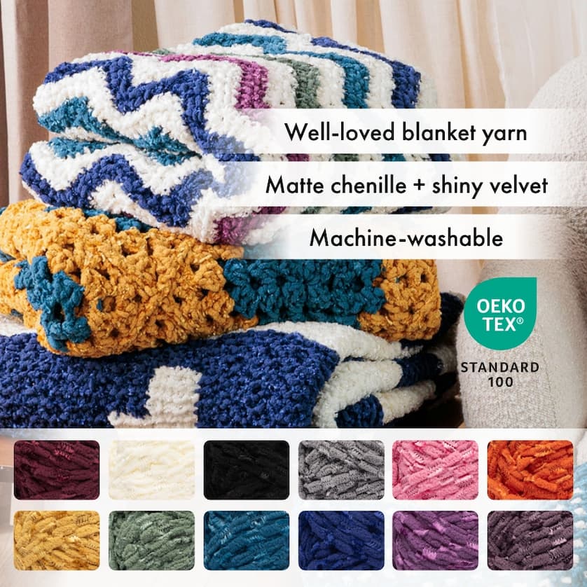 Well-loved blanket yarn in a matte chenille + Shiny velvet