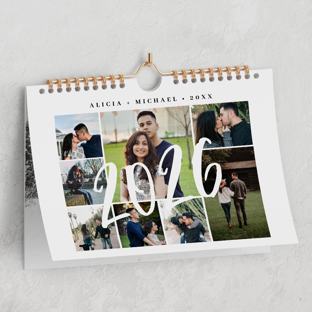 Calendar with custom photos and text showing names and the year 2026