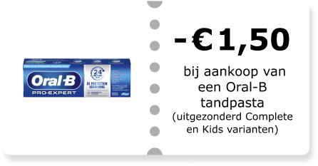 -€1,50 bij aankoop van een Oral-B tandpasta (uitgezonderd Complete en Kids varianten)