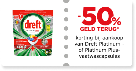 50% korting bij aankoop van Dreft Platinum -of Platinum Plus-vaatwascapsules