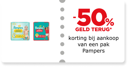 50% korting bij aankoop van een pak Pampers