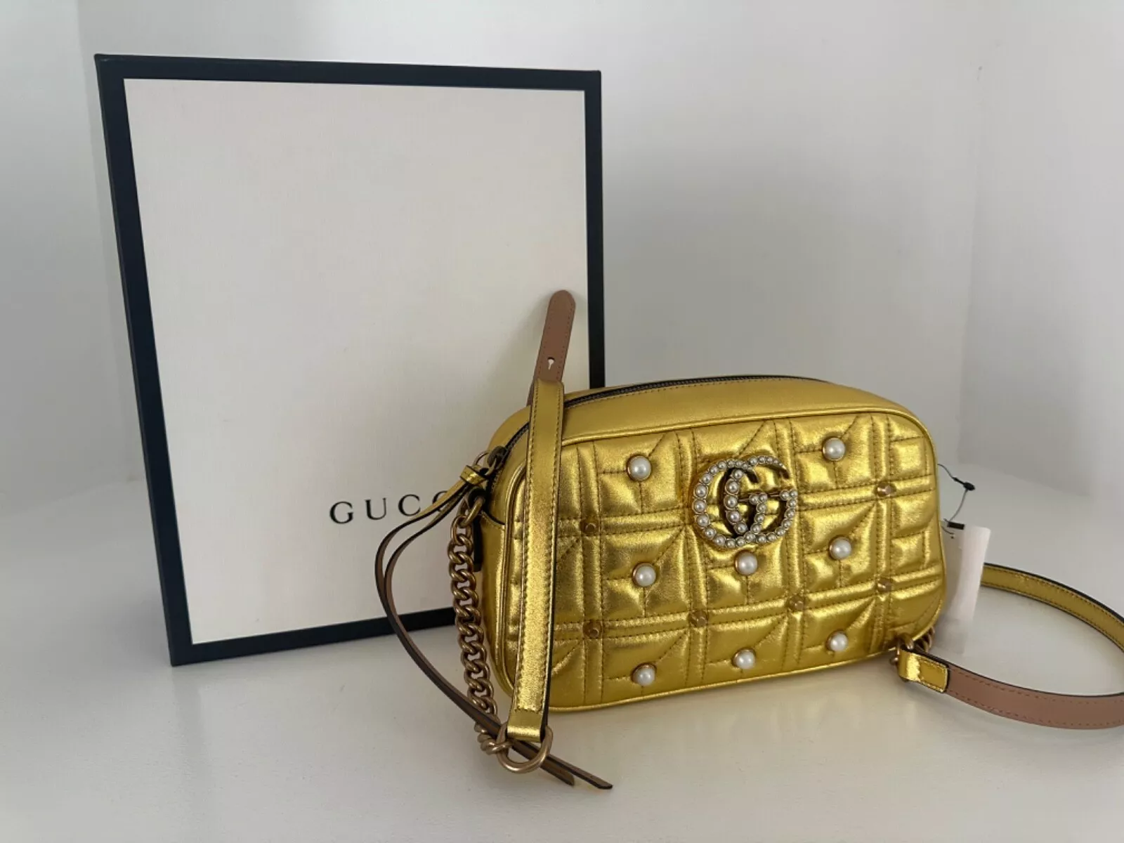 New Gucci Gold Marmont Small Leather/Pearl Camera Bag