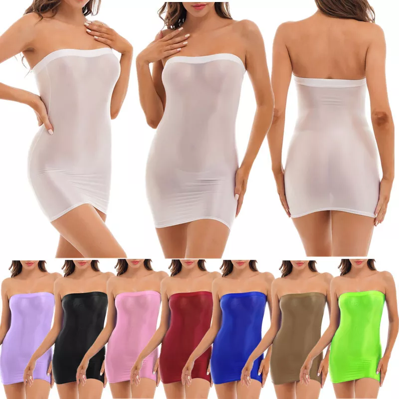 Women's Glossy Transparent Bodycon Tube Dress Sexy Strapless Mini Pencil Dresses