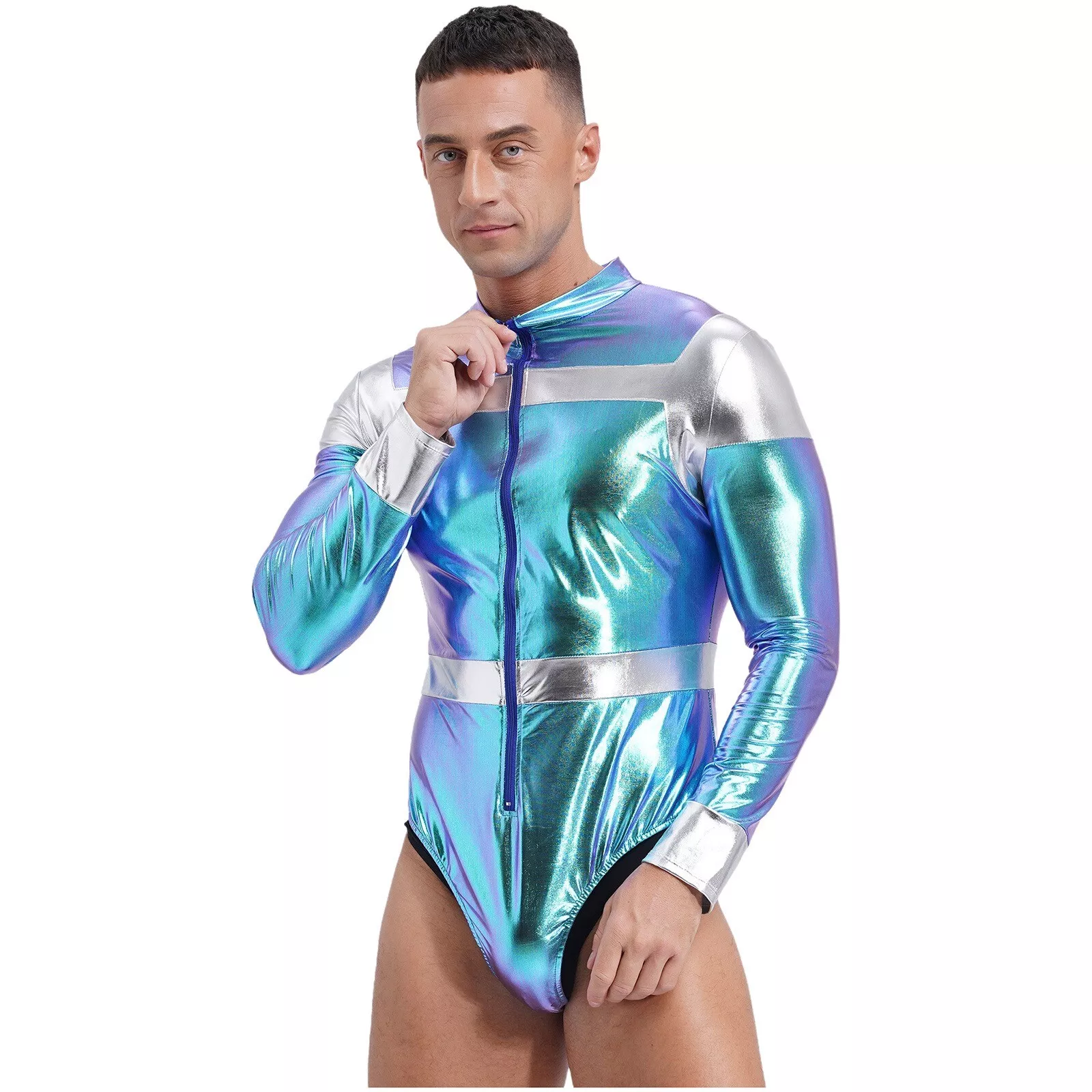 Mens Bodysuit One-piece Leotard Mock Neck Jumpsuit Spaceman Catsuit Zipper