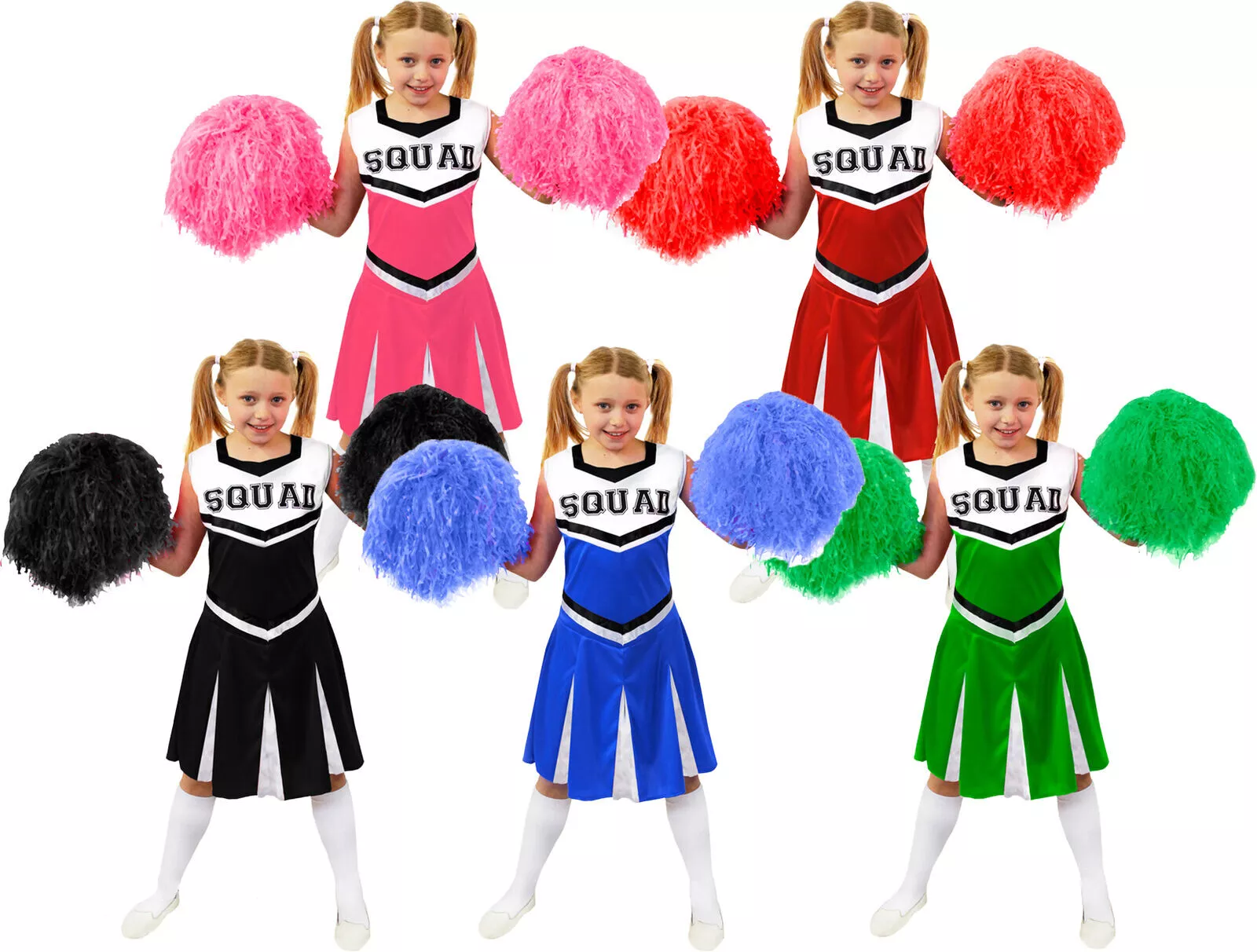 GIRLS CHEERLEADER COSTUME WITH JUMBO POM POMS CHEER LEADER SQUAD FANCY DRESS