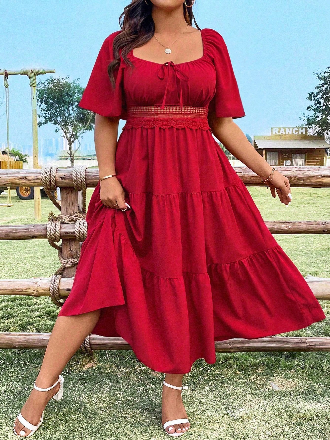 SHEIN Holidaya Plus Size Embroidered Elegant Dress With Sweetheart Neckline For New Year Clothes Maxi Women Outfit