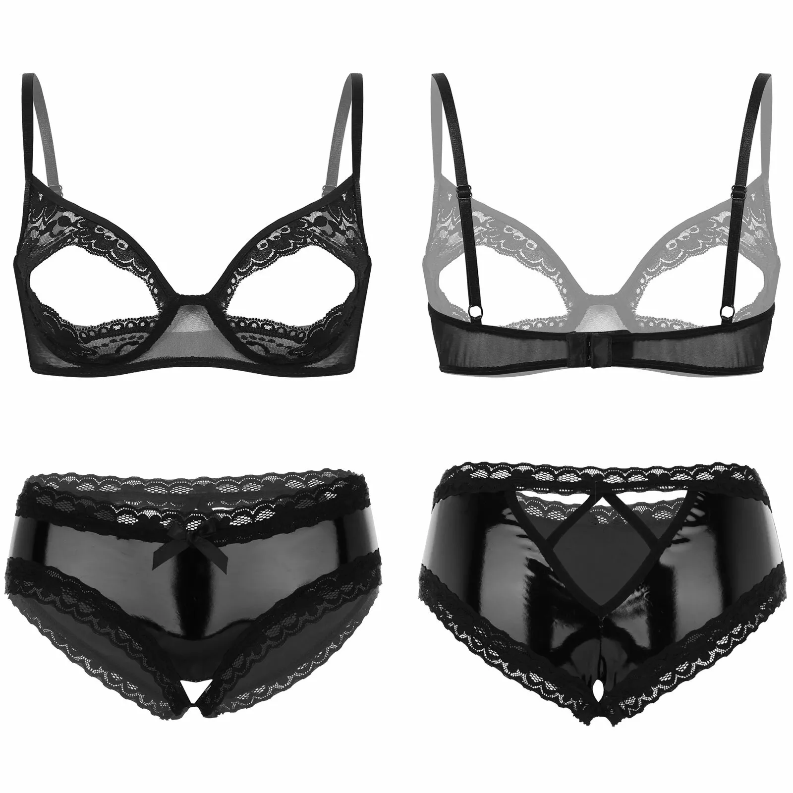 Sexy Underwear Lingerie Set Women Open Bust Bra and Crotch Open Briefs Sleepwear-