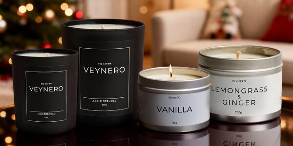 Ručne robené sójové sviečky Veynero: perníček aj štrúdľa