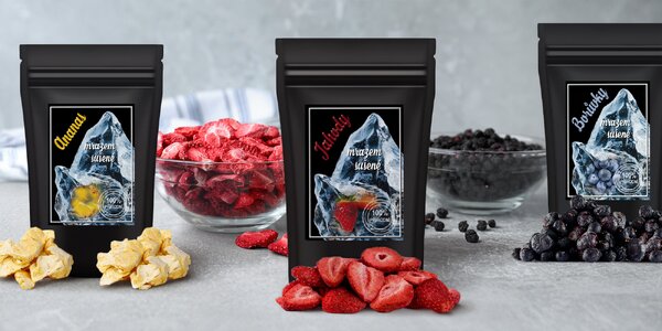 Ovocie sušené mrazom: slivky, mango, jahody a iné.