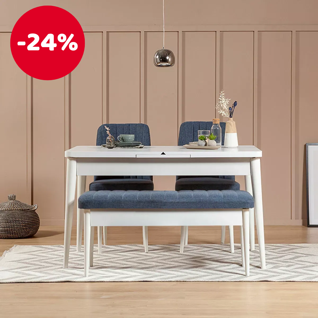 Széthúzható étkezőasztal 2 székkel és paddal Vlasta (fehér + sötétkék)