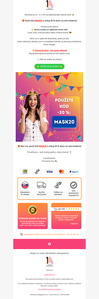 🎭 Karnevalový víkend zliav – 20 % na celú kolekciu!