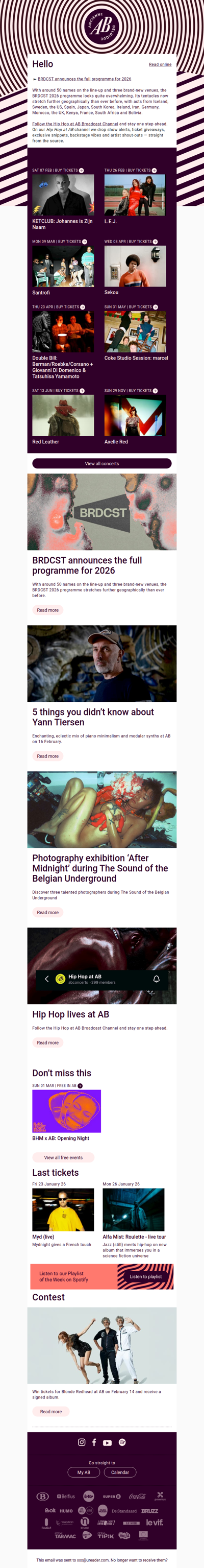 ✨ Just announced: ◅ BRDCST announces the full programme for 2026 | Axelle Red |  BHM x AB: Opening Night | Red Leather | Sekou | Coke Studio Session: marcel | L.E.J.| Santrofi | Double Bill: Berman/Roebke/Corsano + Giovanni Di Domenico & Tatsuhisa Yamamoto | KETCLUB: Johannes is Zijn Naam