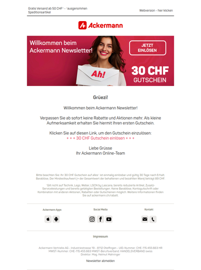 Ihr 30 CHF Gutschein – Willkommen beim Ackermann Newsletter ❤️