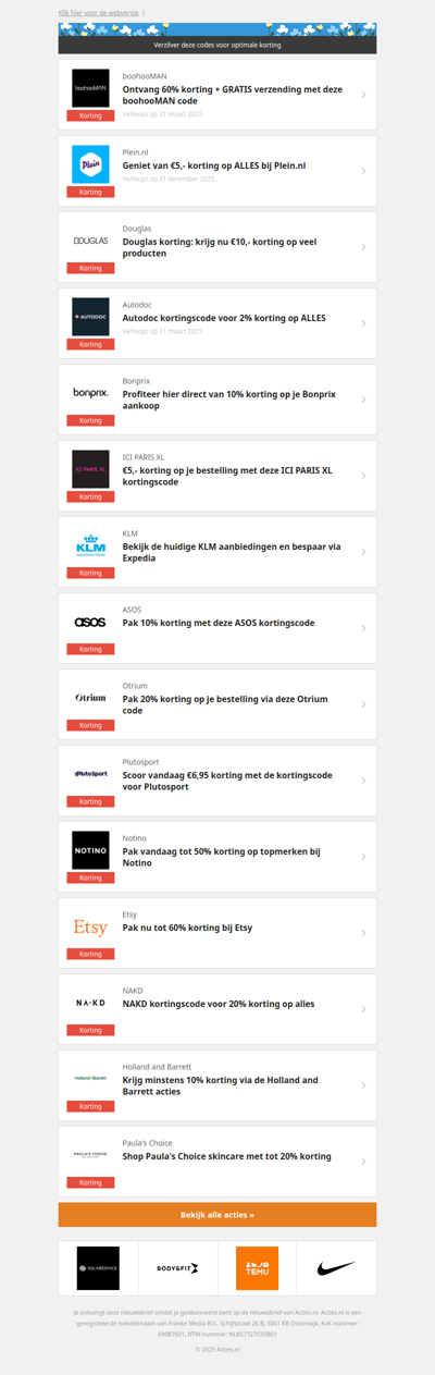 boohooMAN -60% | Plein.nl €5,- | Douglas €10,- | Autodoc -2% en meer