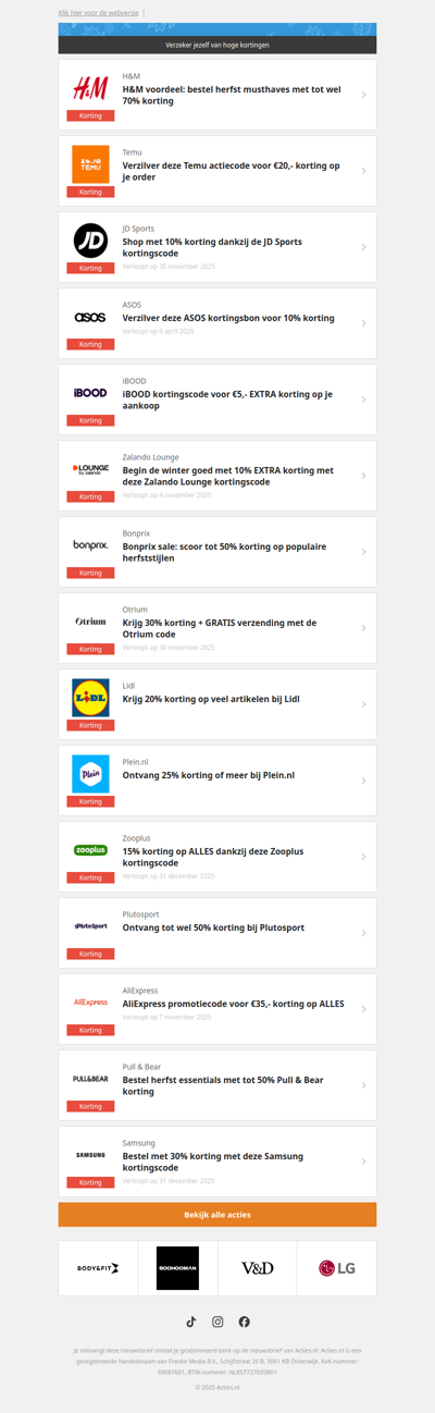 H&M -70% | Temu €20,- | JD Sports -10% | ASOS -10% en meer