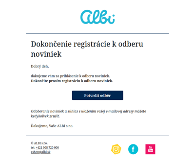 Dokončenie registrácie k odberu noviniek Albi