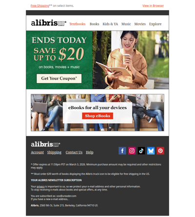 Your $20 Coupon expires at midnight.