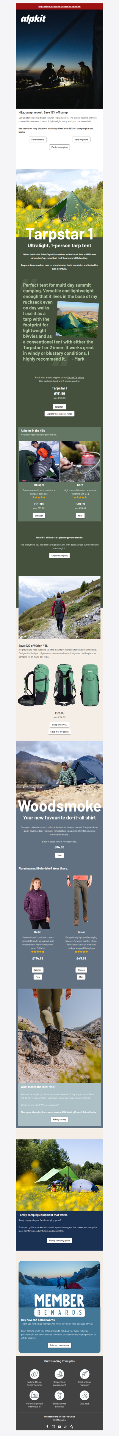 Hike, camp, repeat. Save 15% off camp.