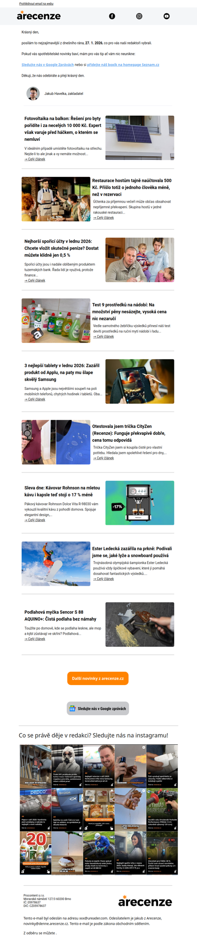 Spotřebitelský radar - 27. 1. - Slevy, testy a novinky od arecenze.cz