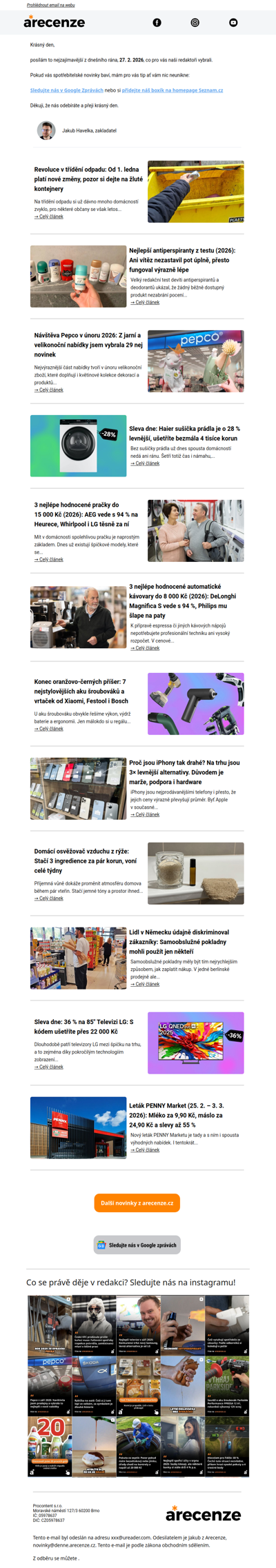 Spotřebitelský radar - 27. 2. - Slevy, testy a novinky od arecenze.cz