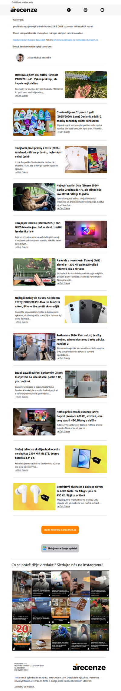 Spotřebitelský radar - 23. 3. - Slevy, testy a novinky od arecenze.cz