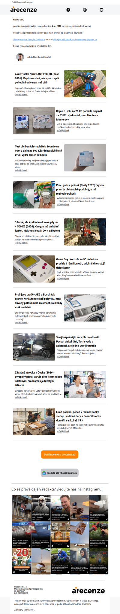 Spotřebitelský radar - 4. 4. - Slevy, testy a novinky od arecenze.cz