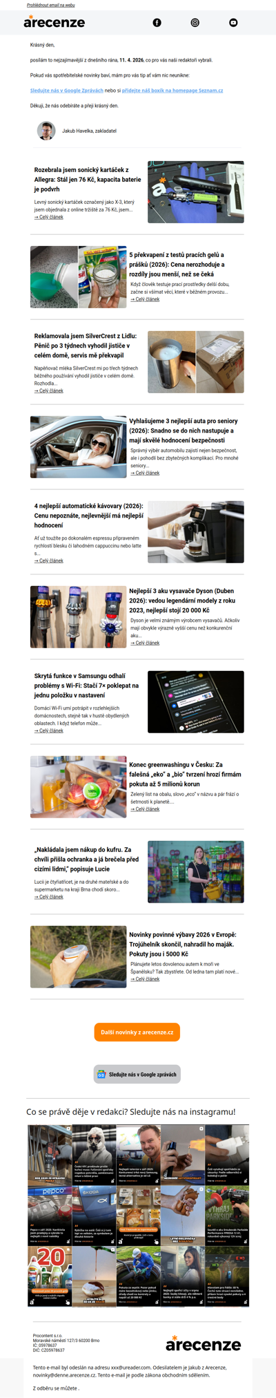 Spotřebitelský radar - 11. 4. - Slevy, testy a novinky od arecenze.cz